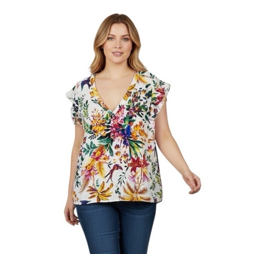 Rachel Rachel Roy Size 3X Linen Blend Top Floral Print Beachy Resort Wear